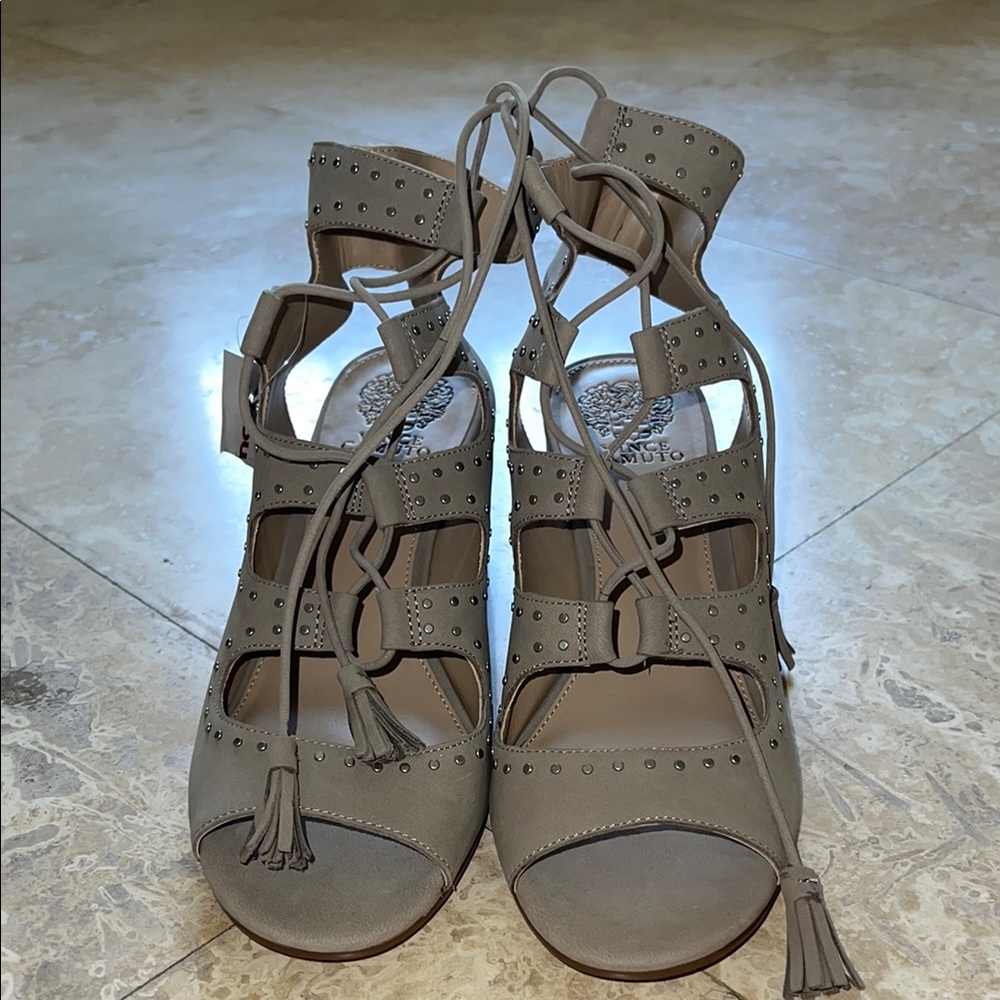 Vince Camuto Taupe Lace-Up Studded Sandals